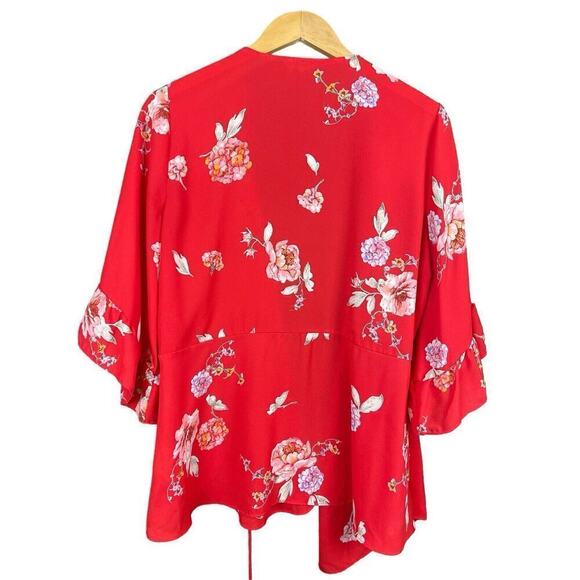 Pleione Coral Pink Wrap Blouse Floral Print Women Medium Ruffle Sleeve Flowy - Picture 6 of 13
